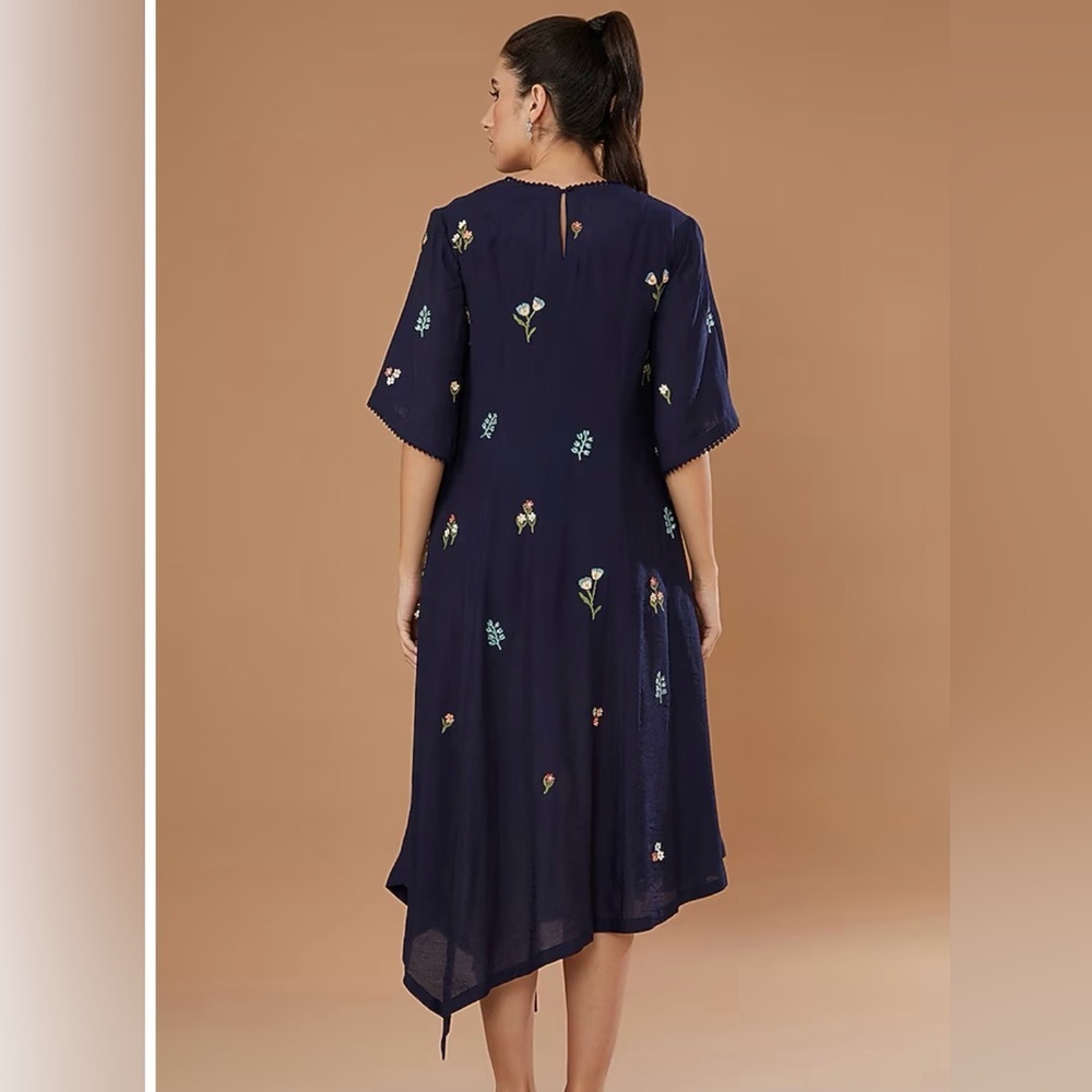 Sahil Kochhar Asymmetrical Navy Blue Chanderi Embroidered Tunic Dress, L - Picture 2 of 7